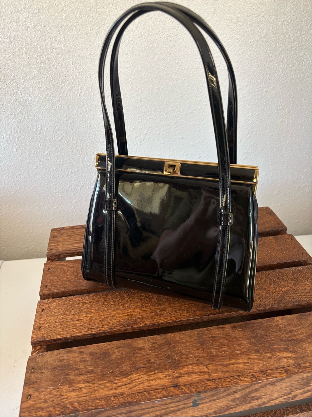 Vintage 1950s L&M Spotlite Black Patent Handbag Gold Frame Coin Purse USA